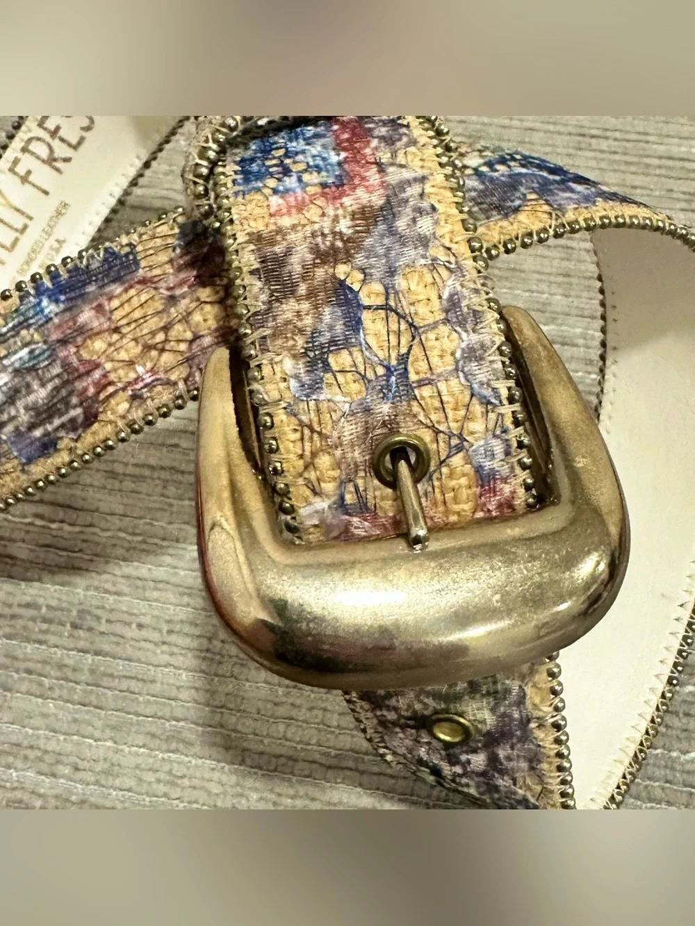 Ladies Vintage Leather Belt,‎ Yellow With Glittery Abstract Designs, Gold Buckle